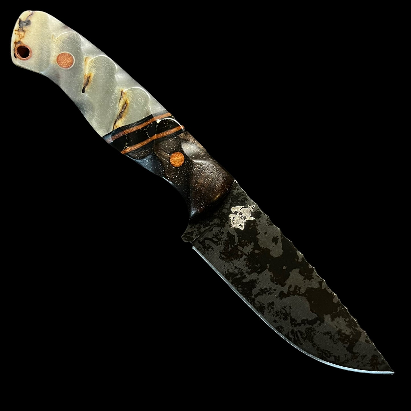 Fieldcraft- Walnut/ Black G10/ Natural Micarta/ Gold Webbed Onyx/ Ram Horn. Pins- Natural Micarta.