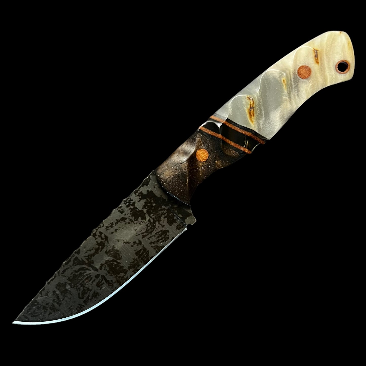 Fieldcraft- Walnut/ Black G10/ Natural Micarta/ Gold Webbed Onyx/ Ram Horn. Pins- Natural Micarta.