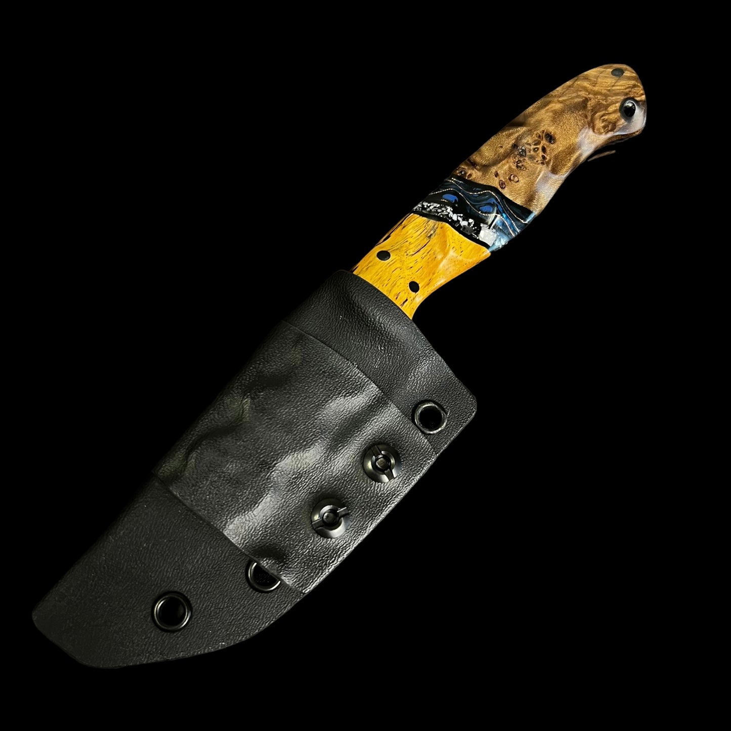 Skinner- Spalted Mahogany/ Black and White Resin/ Black G10/ Copper Webbed Blue Resin/ Spalted Maple. Pins- Carbon Fiber.