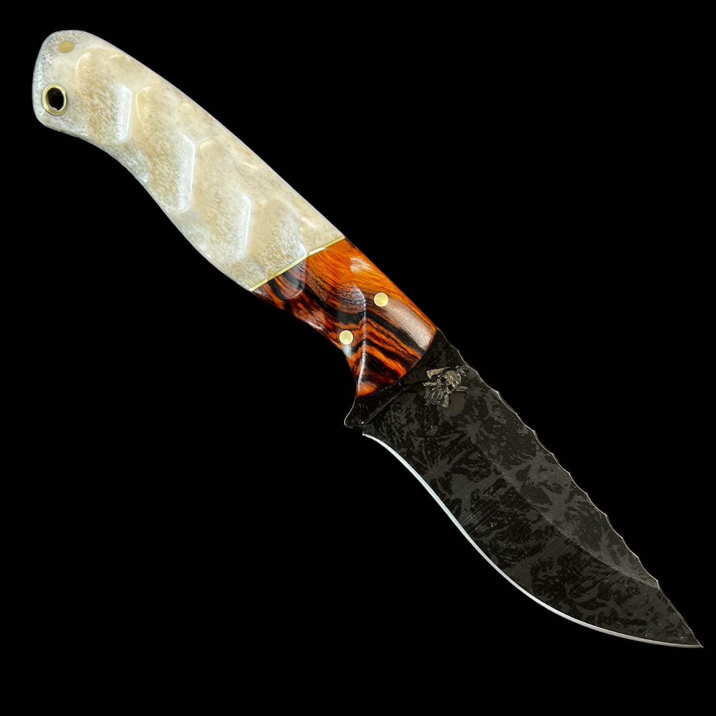 Skinner- Desert Iron Wood/ Brass/ Elk Antler. Black Natural Micarta Liner. Pins- Brass.
