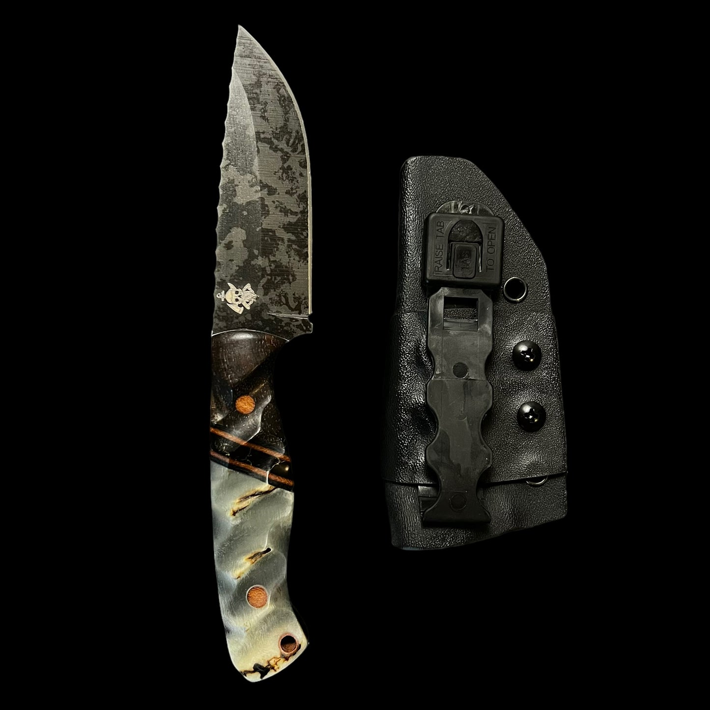 Fieldcraft- Walnut/ Black G10/ Natural Micarta/ Gold Webbed Onyx/ Ram Horn. Pins- Natural Micarta.