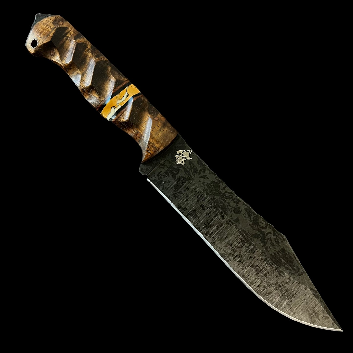 Bowie Knife- Hawaiian Curly Koa/ Natural Micarta/ Black G10/ Leopard Skin Jasper. Pins- Natural Micarta.