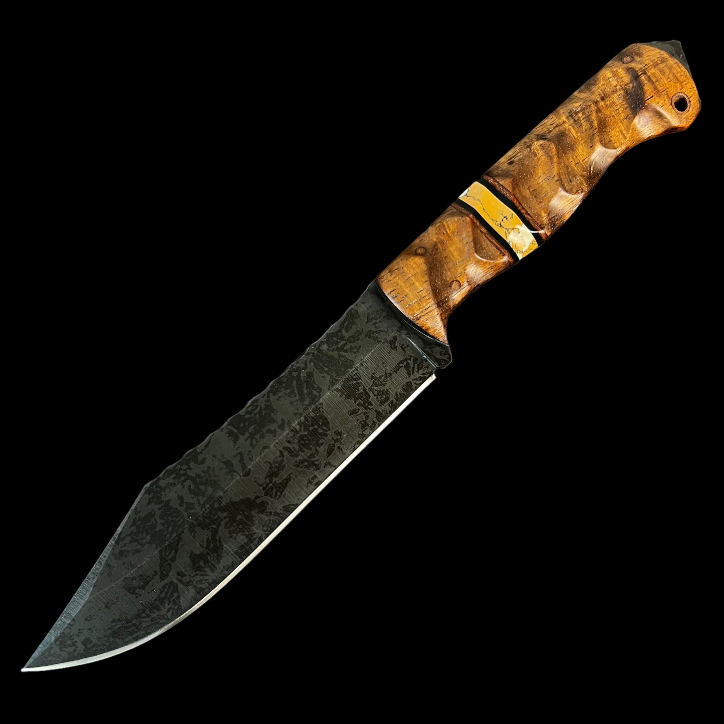 Bowie Knife- Hawaiian Curly Koa/ Natural Micarta/ Black G10/ Leopard Skin Jasper. Pins- Natural Micarta.