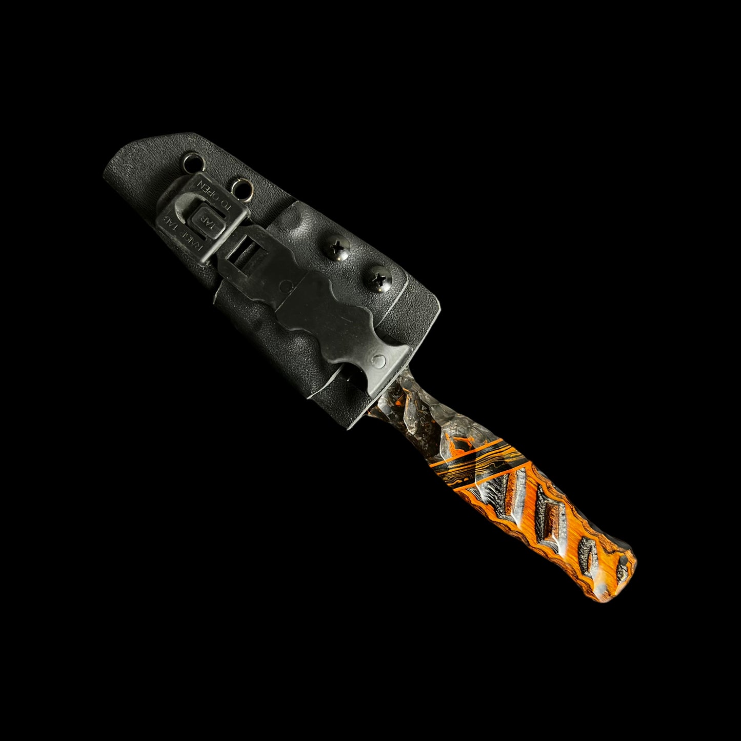 Halloween Sea Sykes- Dark Matter Carbon Fiber/ Orange and Black Marbled G10/ Dymalux. Pins- Carbon Fiber