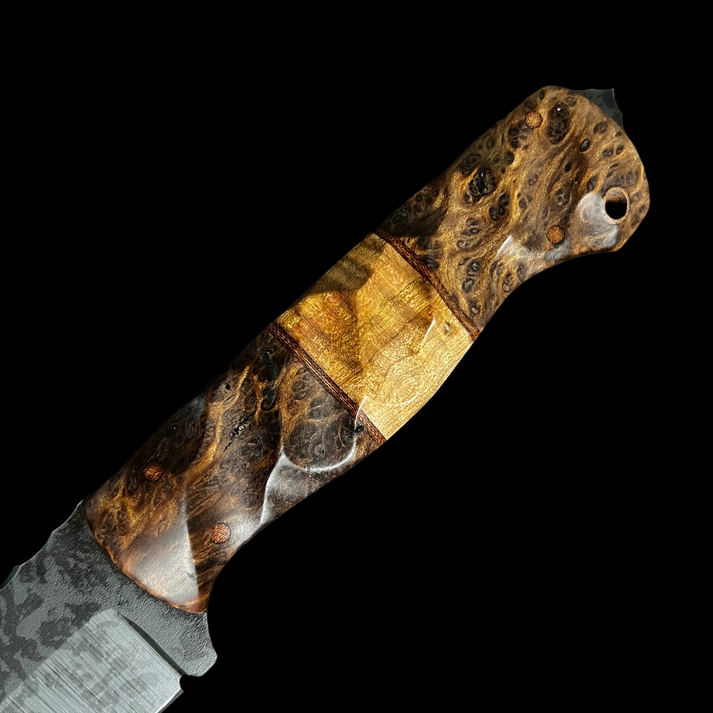 Bowie Knife- Redwood Burl/Natural Micarta/ Hawaiian Curly Koa. Pins- Natural Micarta.