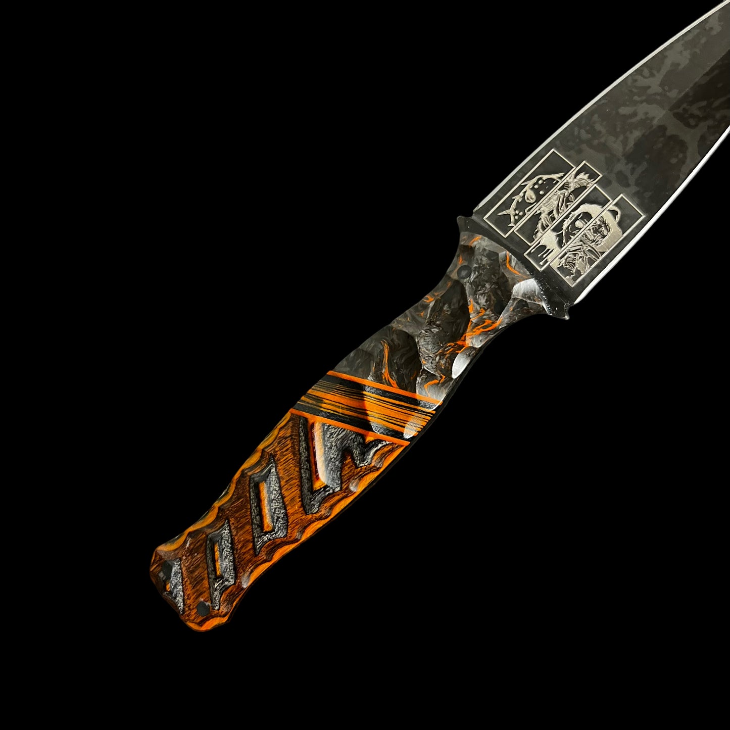 Halloween Sea Sykes- Dark Matter Carbon Fiber/ Orange and Black Marbled G10/ Dymalux. Pins- Carbon Fiber