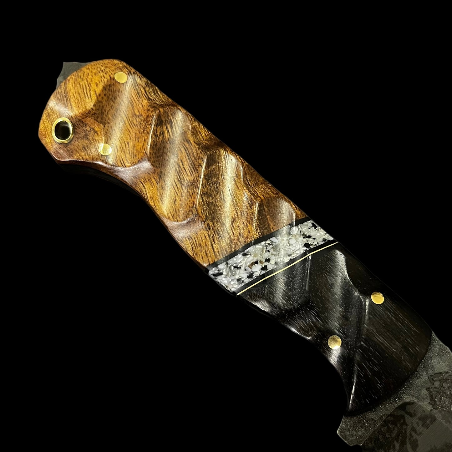 Bowie Knife Blacked Out Logo- Oak/ Brass/ G10/ Soft Stone/ Maple. Pins Brass
