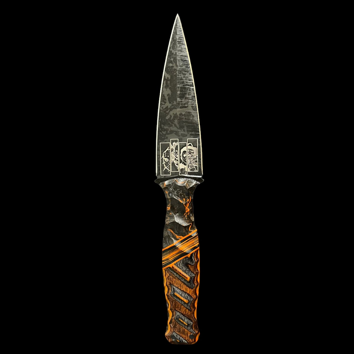 Halloween Sea Sykes- Dark Matter Carbon Fiber/ Orange and Black Marbled G10/ Dymalux. Pins- Carbon Fiber