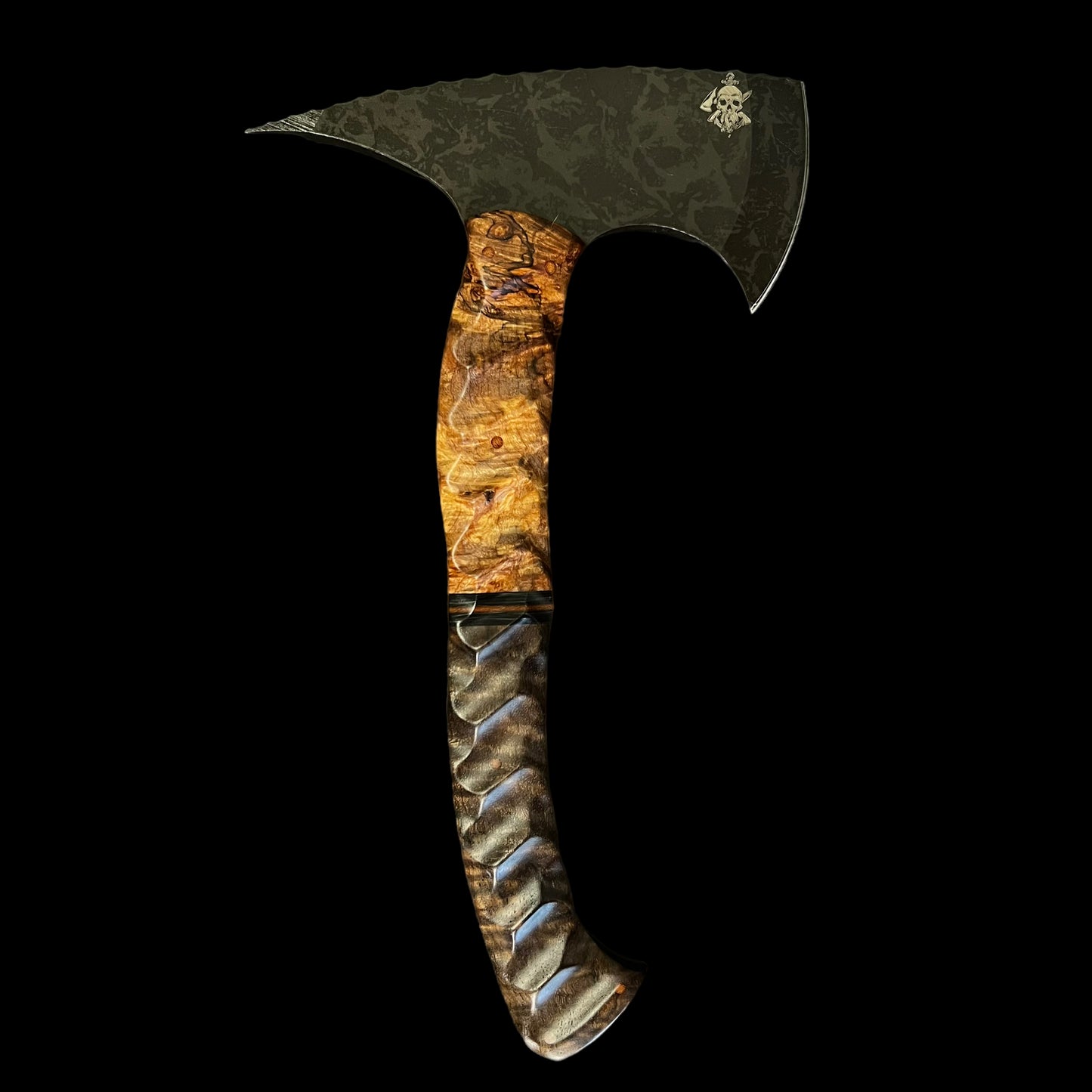 Crash Axe- Maple Burl/Carbon Fiber/ Natural Micarta/ Walnut. Pins- Natural Micarta.