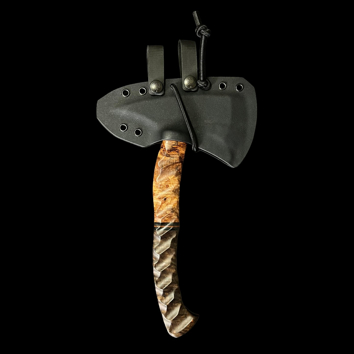 Crash Axe- Maple Burl/Carbon Fiber/ Natural Micarta/ Walnut. Pins- Natural Micarta.