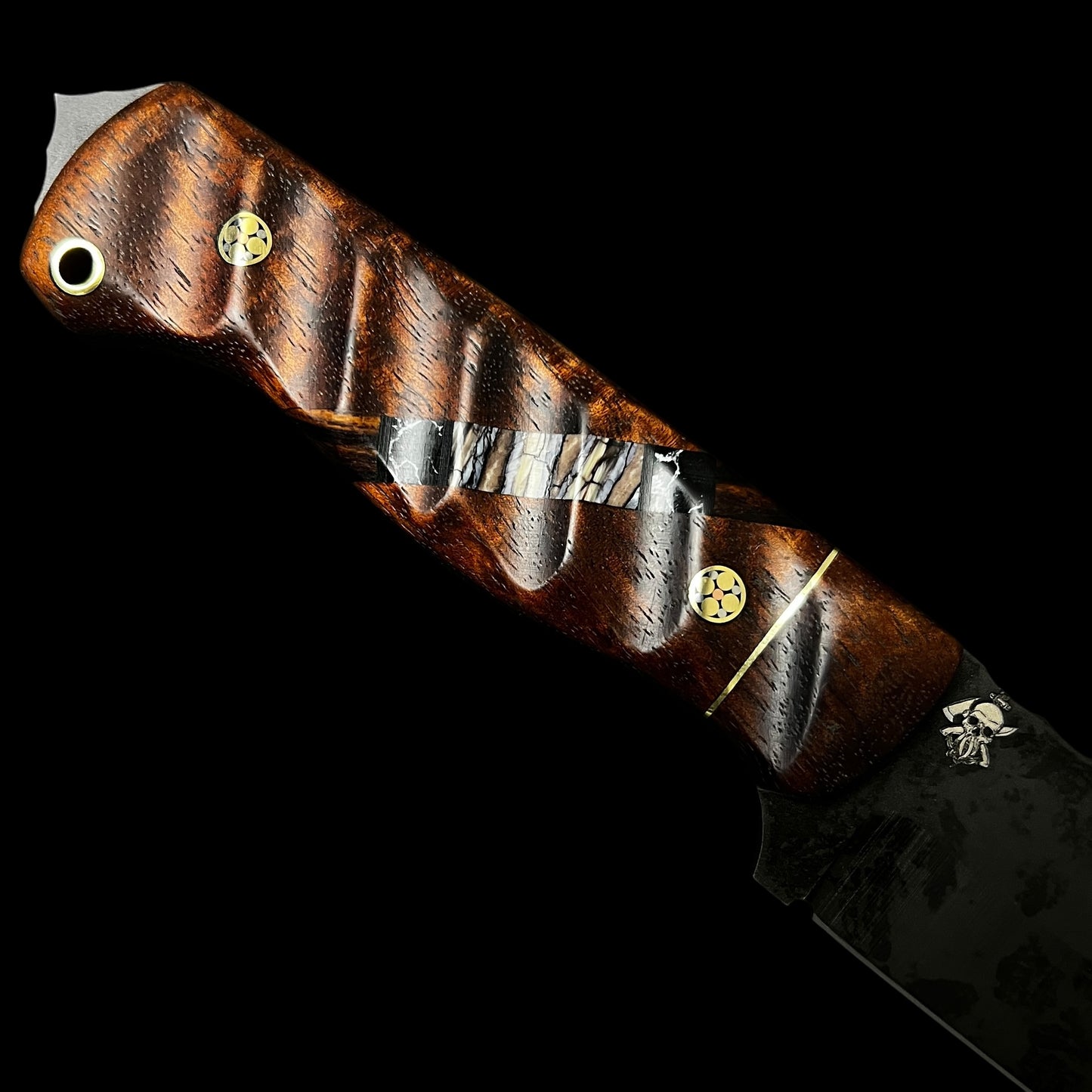 Bowie Knife - Hawaiian Curly Koa/ Ironwood/ Black & White Tru Stone/ Mammoth Molar. Pins- Mosaic