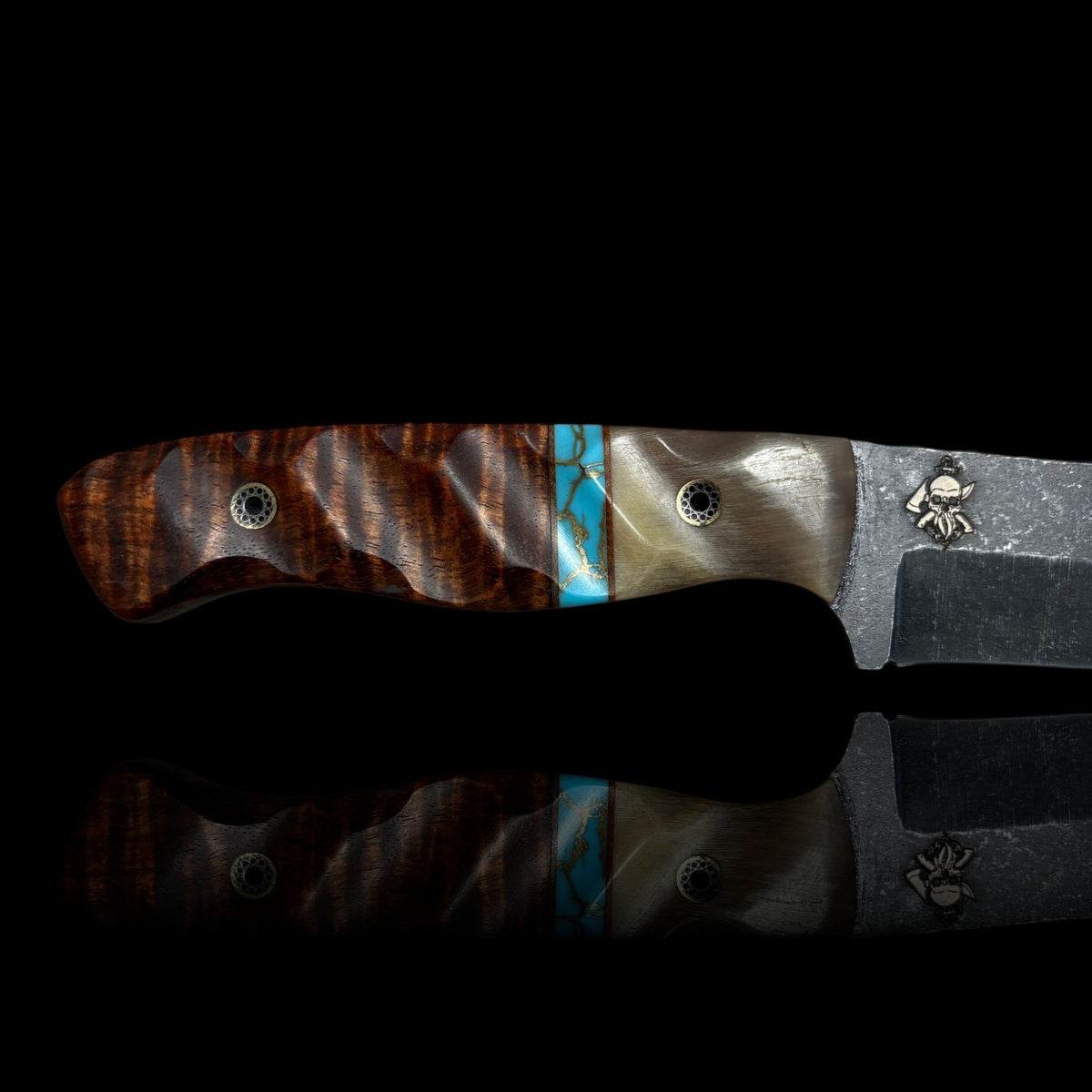 Fieldcraft- Rams horn/ Natural micarta/ gold webbed turquoise/ Tasmanian black wood