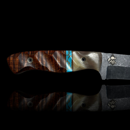 Fieldcraft- Rams horn/ Natural micarta/ gold webbed turquoise/ Tasmanian black wood