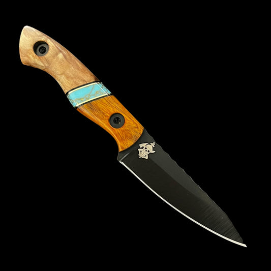 Paring Knife- Iron Wood/G10/Brass/ Gold Webbed Turquoise/ Maple Burl. Graphite Black Cerakote.