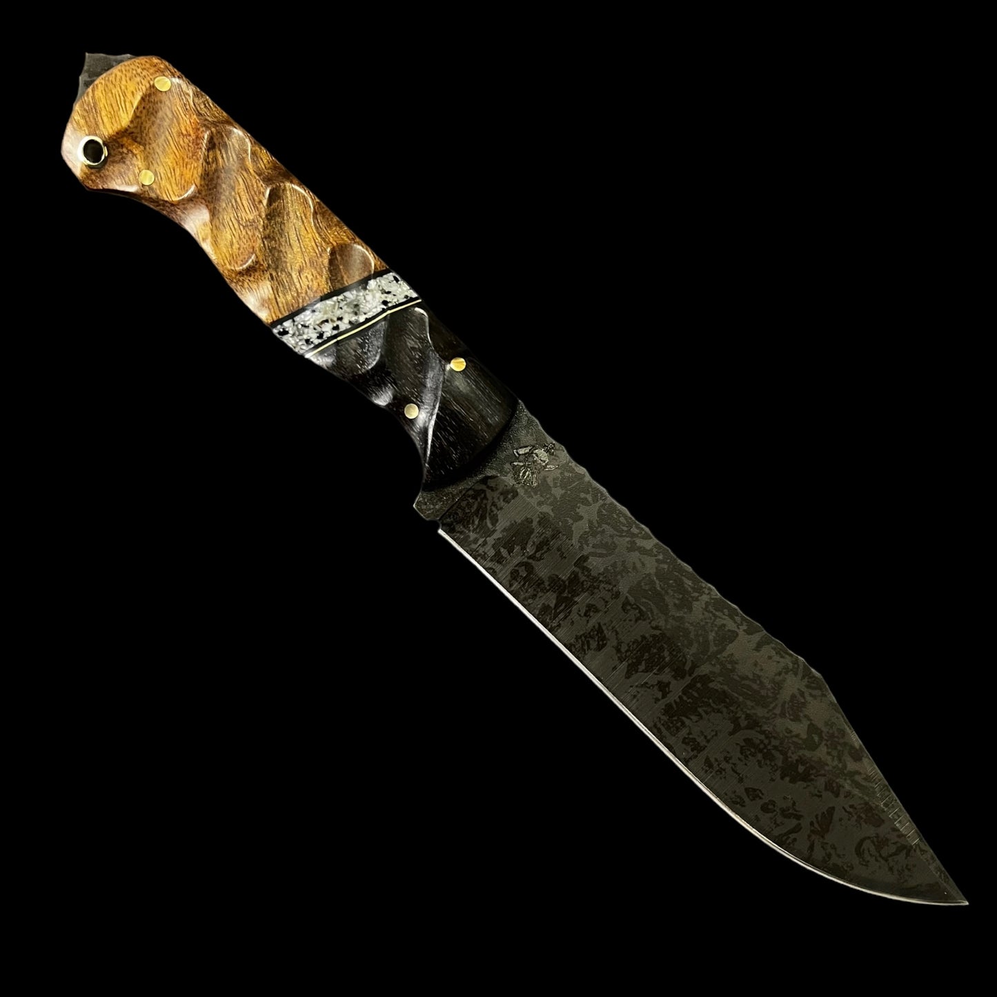 Bowie Knife Blacked Out Logo- Oak/ Brass/ G10/ Soft Stone/ Maple. Pins Brass