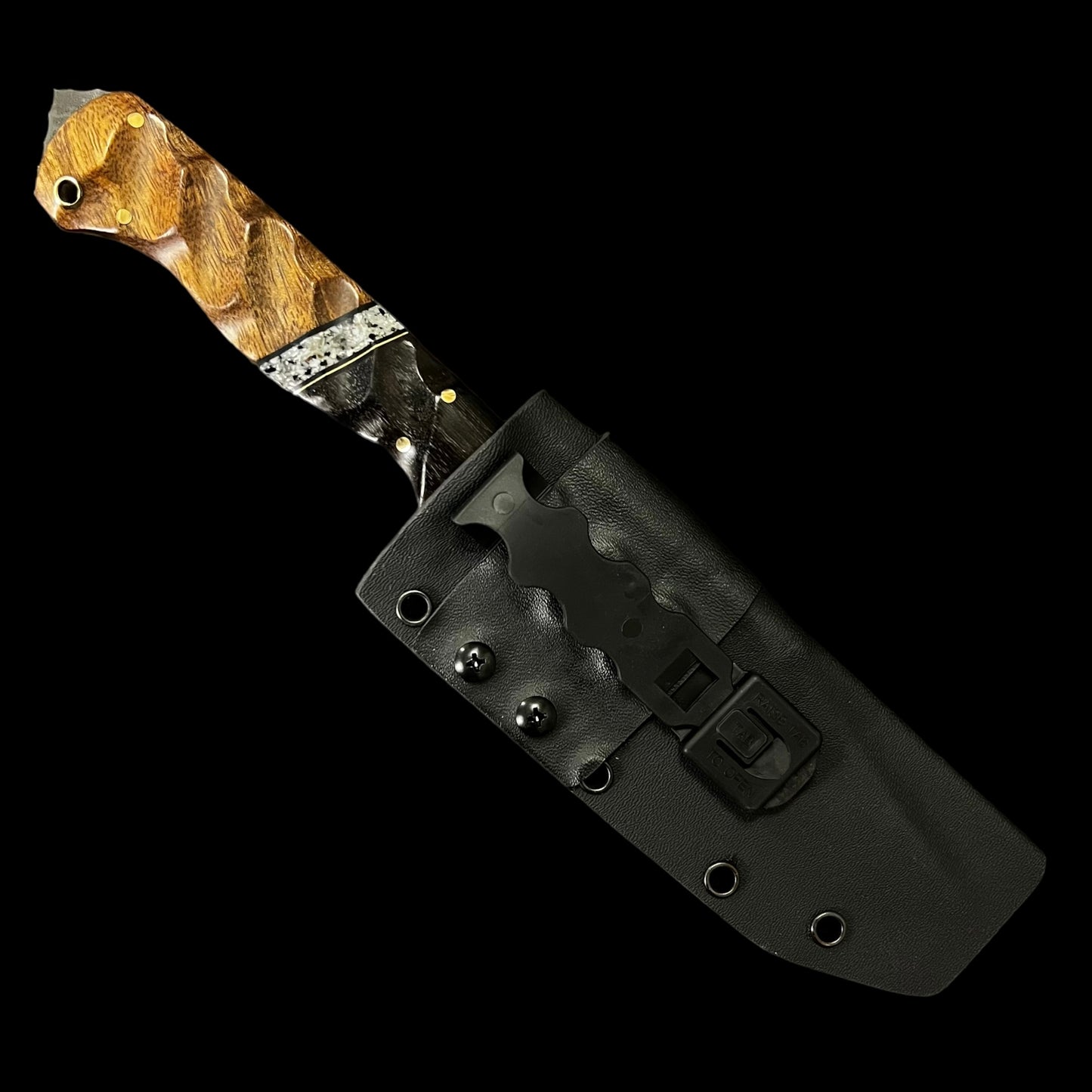 Bowie Knife Blacked Out Logo- Oak/ Brass/ G10/ Soft Stone/ Maple. Pins Brass