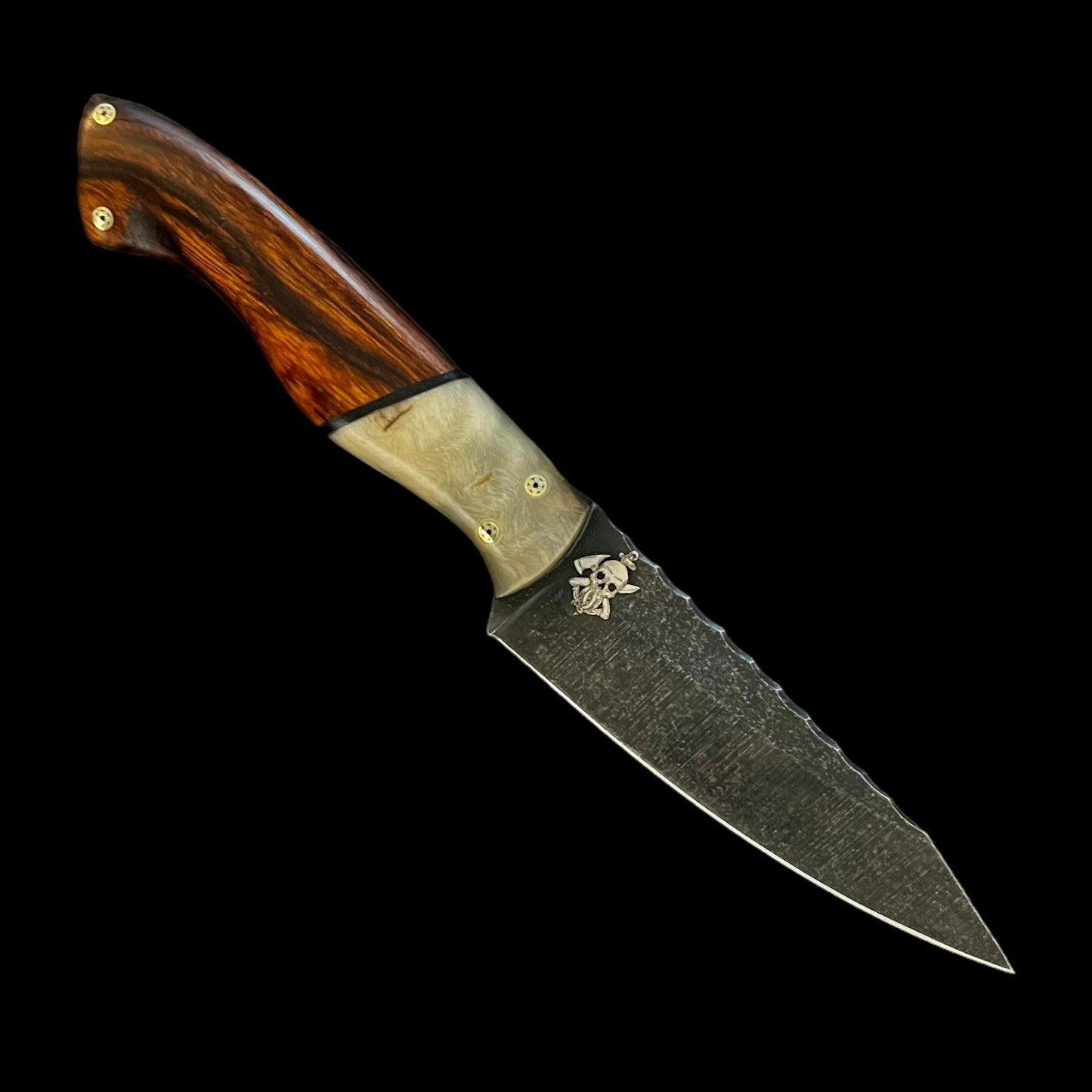 Paring Knife- Ram Horn/Black Micarta/ Iron Wood. Pins- Mosaic
