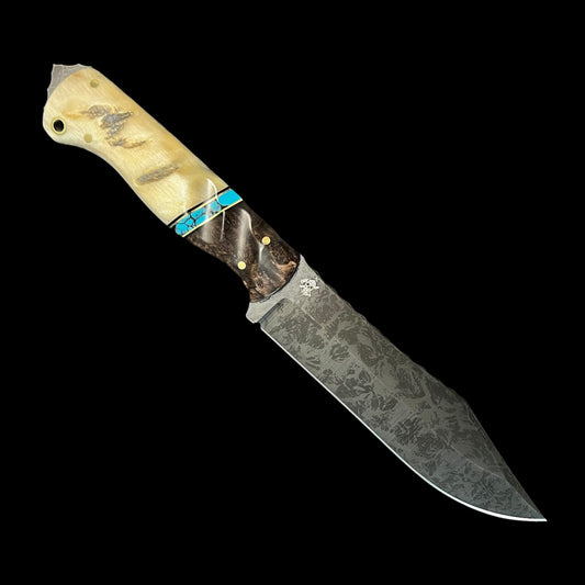 Bowie Knife- Red Wood Burl/ G10/ Brass/Turquoise/ Rams Horn. Pins- Brass.