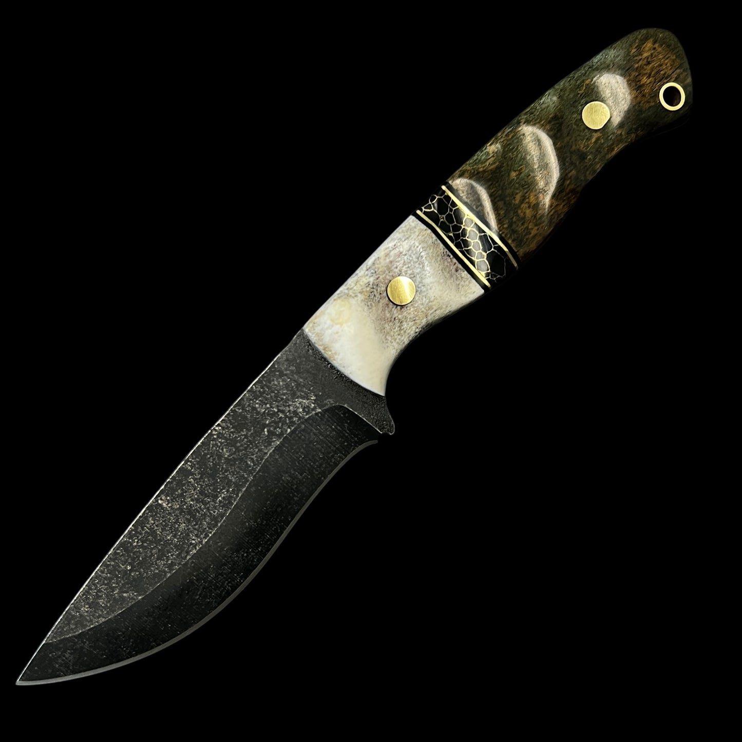 Magnacut Skinner- Elk Antler/ G10/ Brass/ Gold Webbed Tru Stone/ Giraffe Bone.