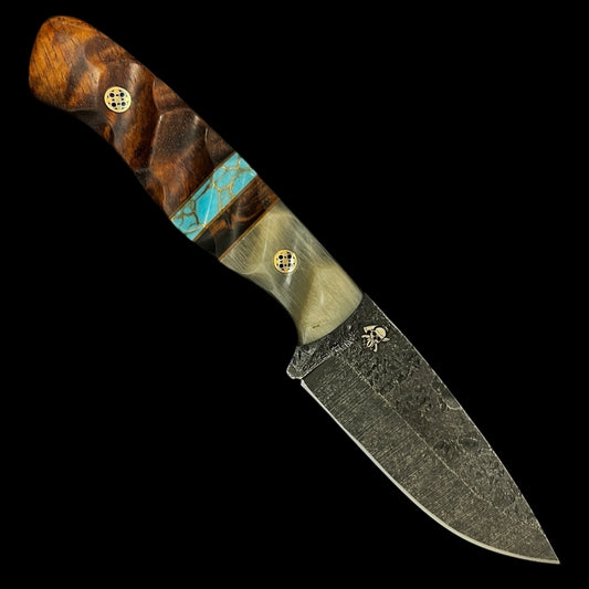 Fieldcraft-Rams Horn/ Iron Wood/ Gold Webbed turquoise/ Natural Micarta /Hawaiian Curly Koa