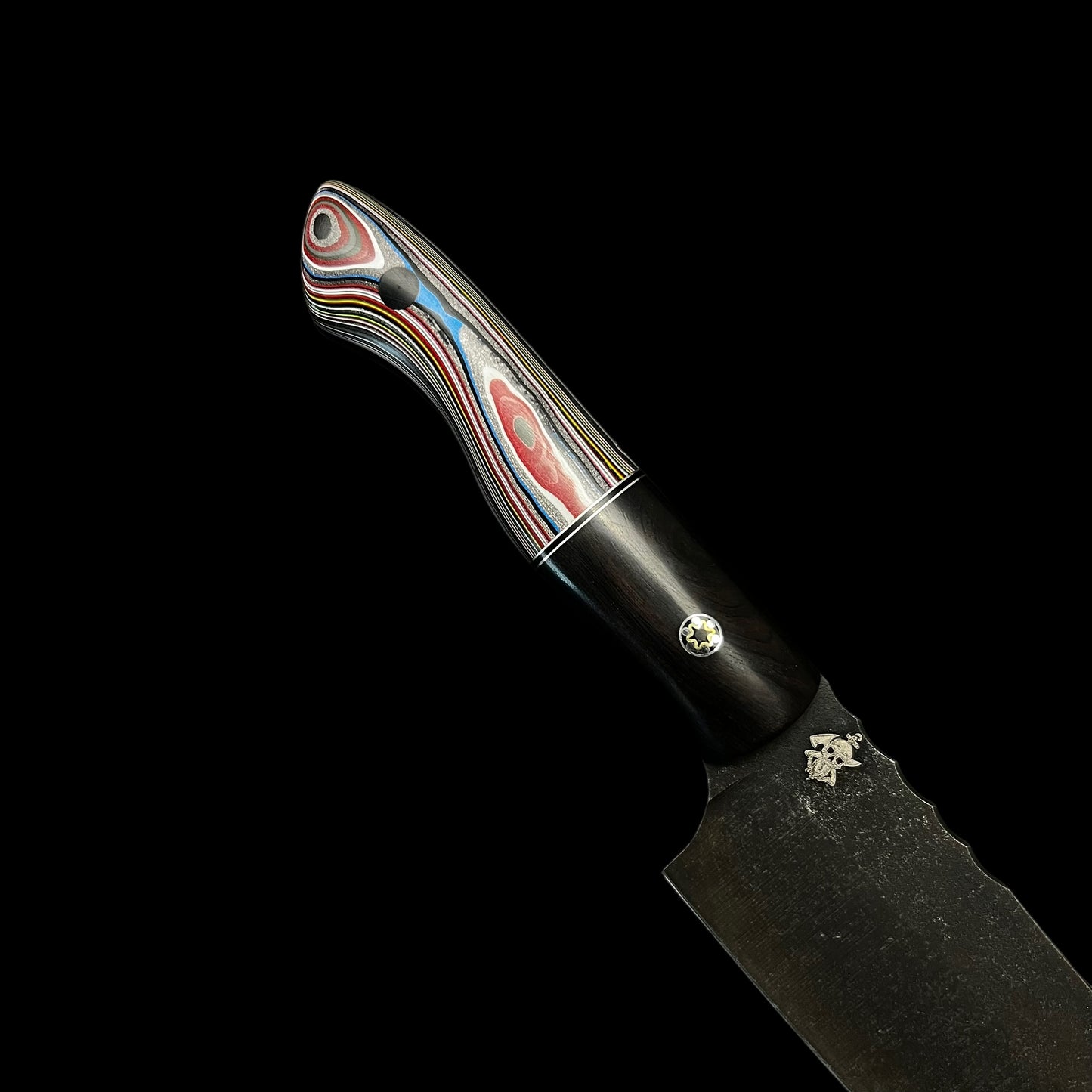 Santoku- African Black Wood/ Stainless Steel/ G10/ Fordite. Pins- Mosaic and Carbon Fiber.