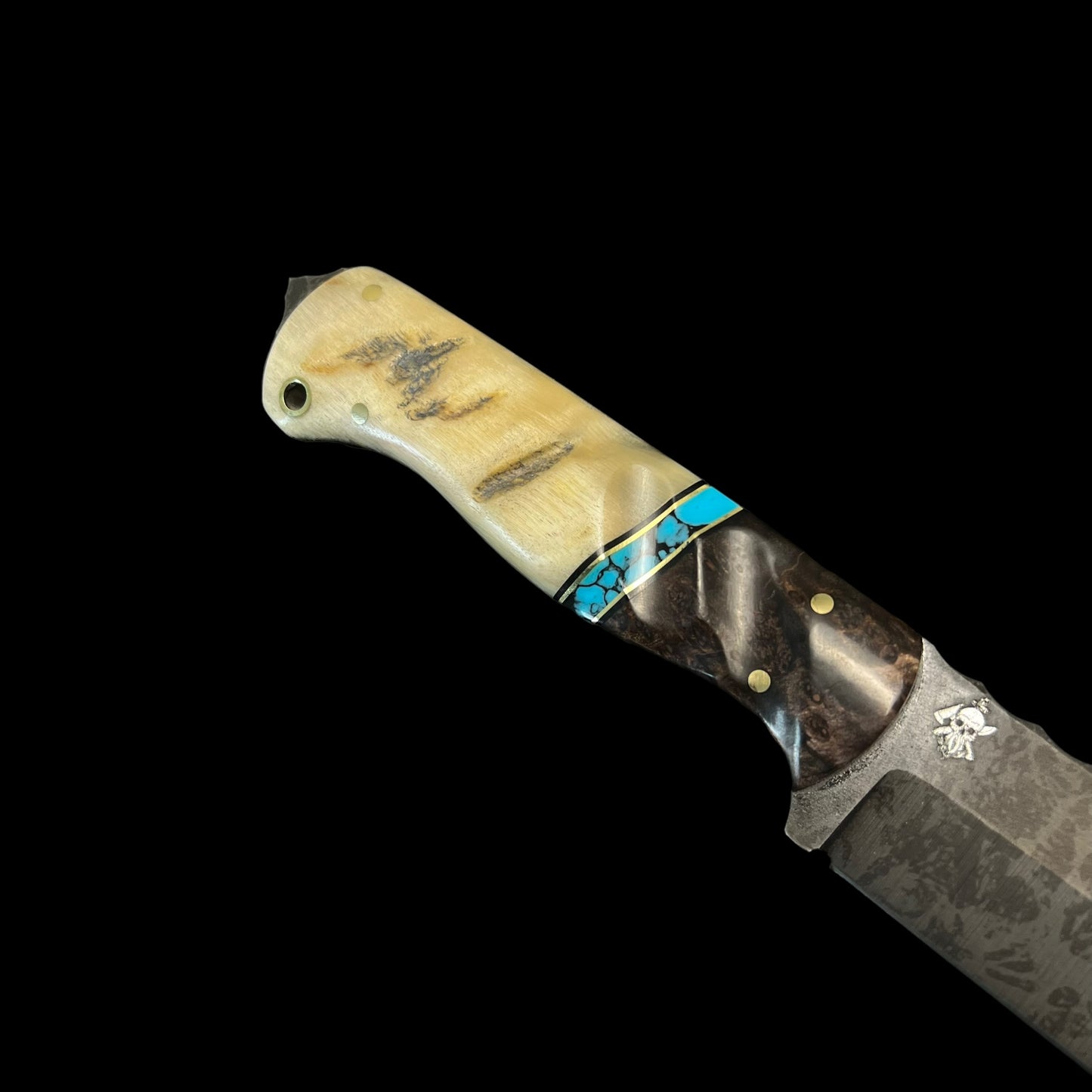 Bowie Knife- Red Wood Burl/ G10/ Brass/Turquoise/ Rams Horn. Pins- Brass.