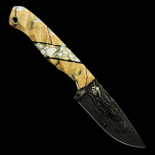 Damascus Micro Fieldcraft- Spalted Mahogany/ Black G10/ Gold Webbed Tru Stone.