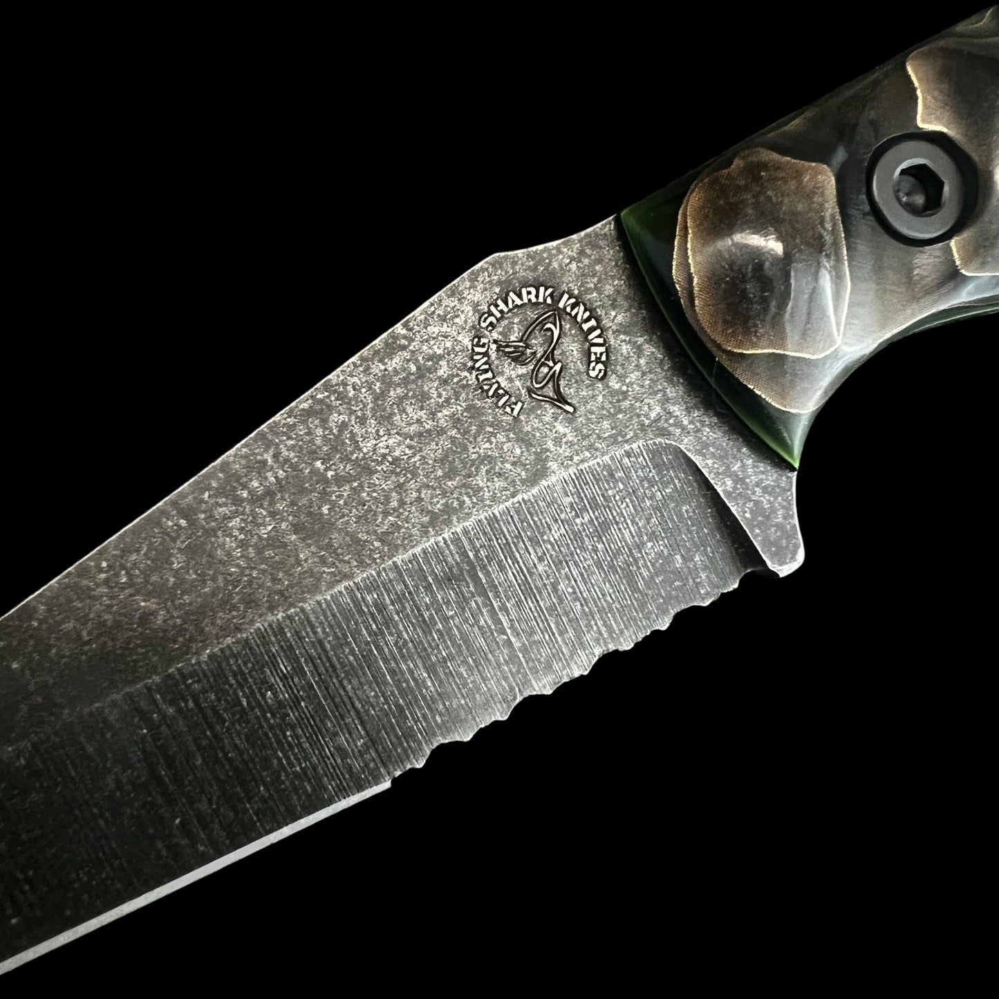 Flying Shark Scales X Seasick Blades Collab. Wharncliffe- Copper mesh resin/ G10/ Resin/ Corian (Copy)