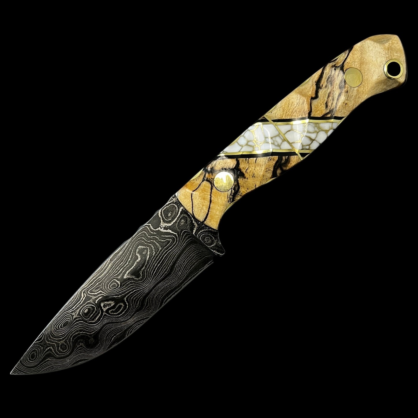 Damascus Micro Fieldcraft- Spalted Mahogany/ Black G10/ Gold Webbed Tru Stone.