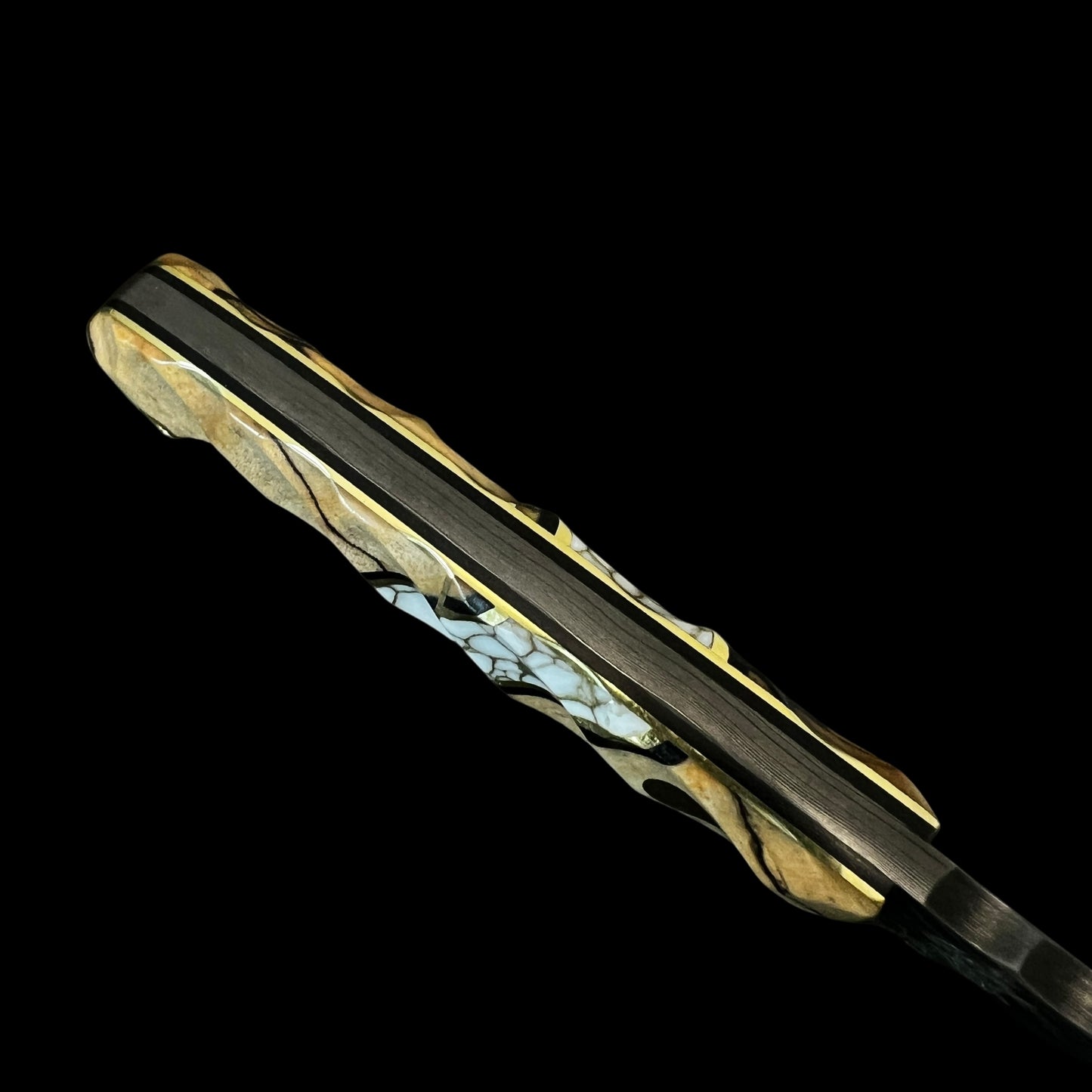 Damascus Micro Fieldcraft- Spalted Mahogany/ Black G10/ Gold Webbed Tru Stone.
