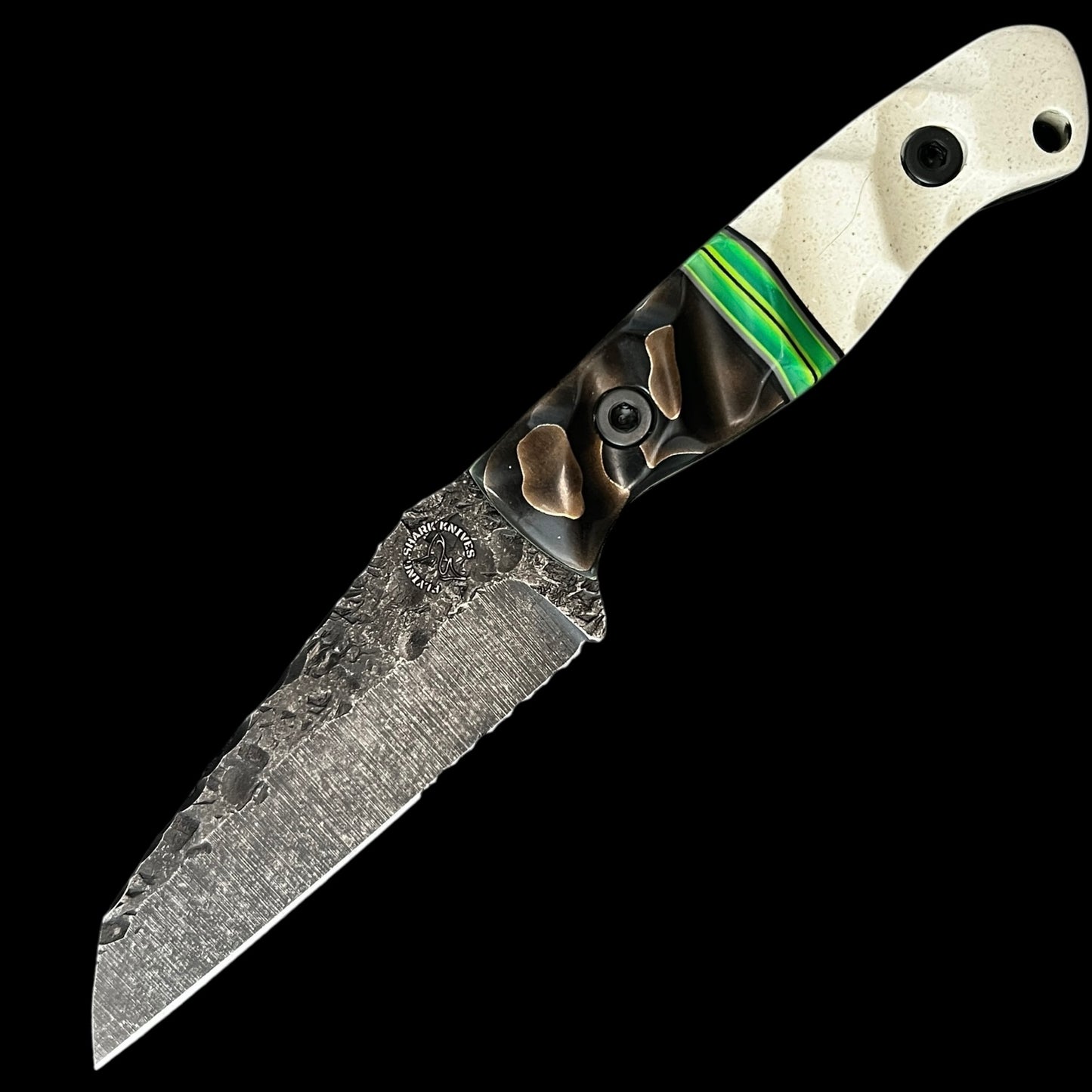 Flying Shark Scales X Seasick Blades Collab. Wharncliffe- Copper mesh resin/ G10/ Resin/ Corian