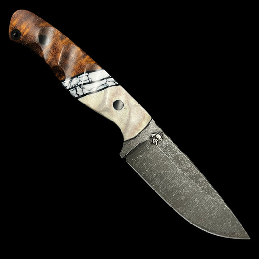 Fieldcraft-Elk Antler/ G10/ Webbed Trustone/ Hawaiian Curly Koa. Pins- Carbon Fiber