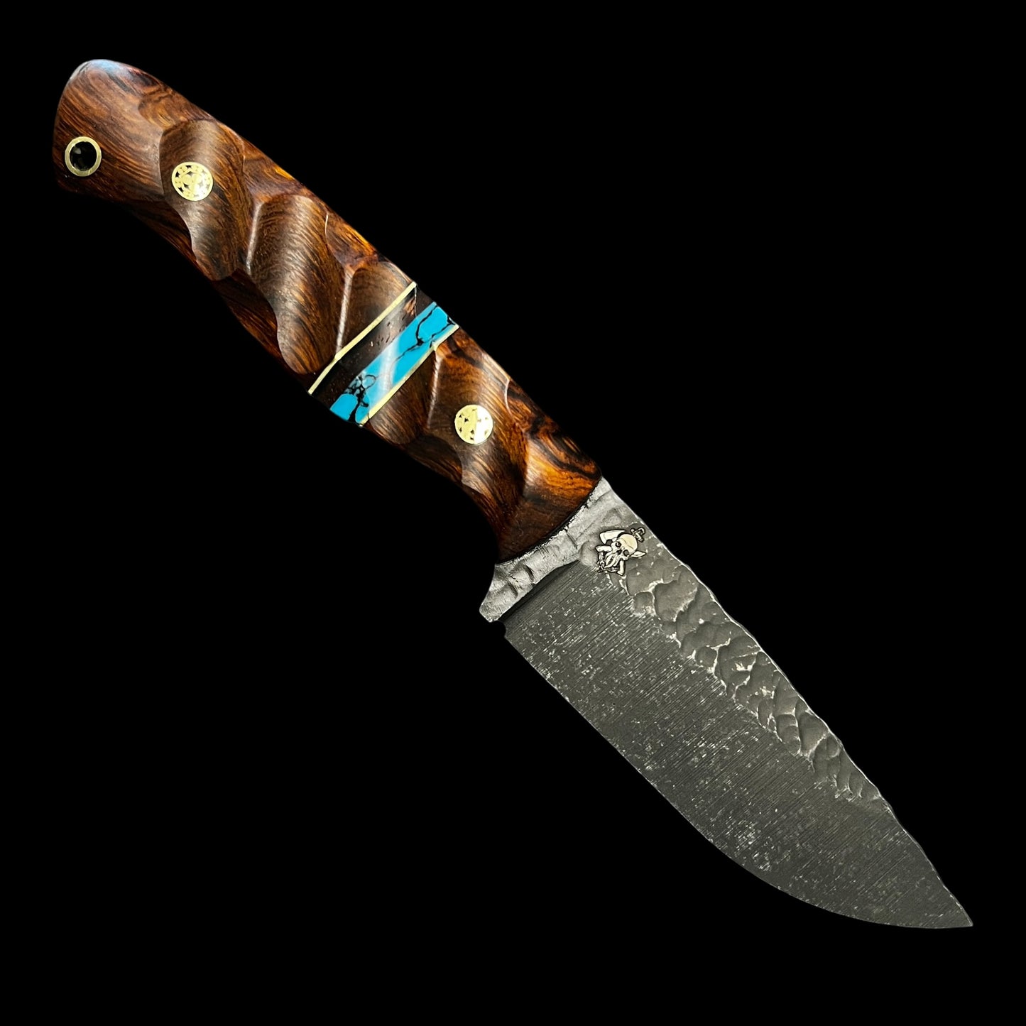 Fieldcraft- Iron Wood/ Brass/ Turquoise/ Hawaiian Curly Koa/ Iron Wood. Pins- Mosaic