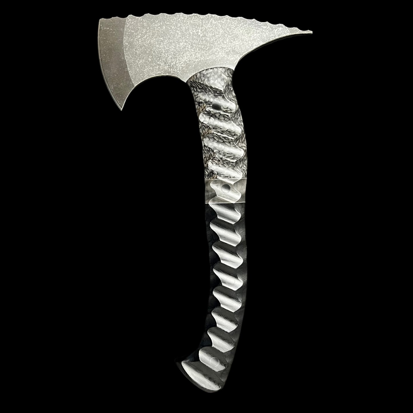 Crash Axe- Carbon Fiber/ Stainless Steel/ Marbled Carbon Fiber/ Black G10. Pins- Carbon Fiber.