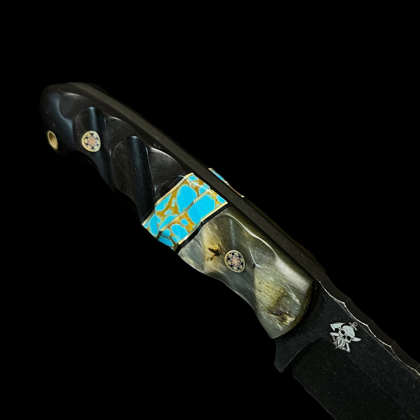 Fieldcraft- Rams Horn/ Brass/ Sonoran Turquoise/ African Black Wood. Pins- Mosaic