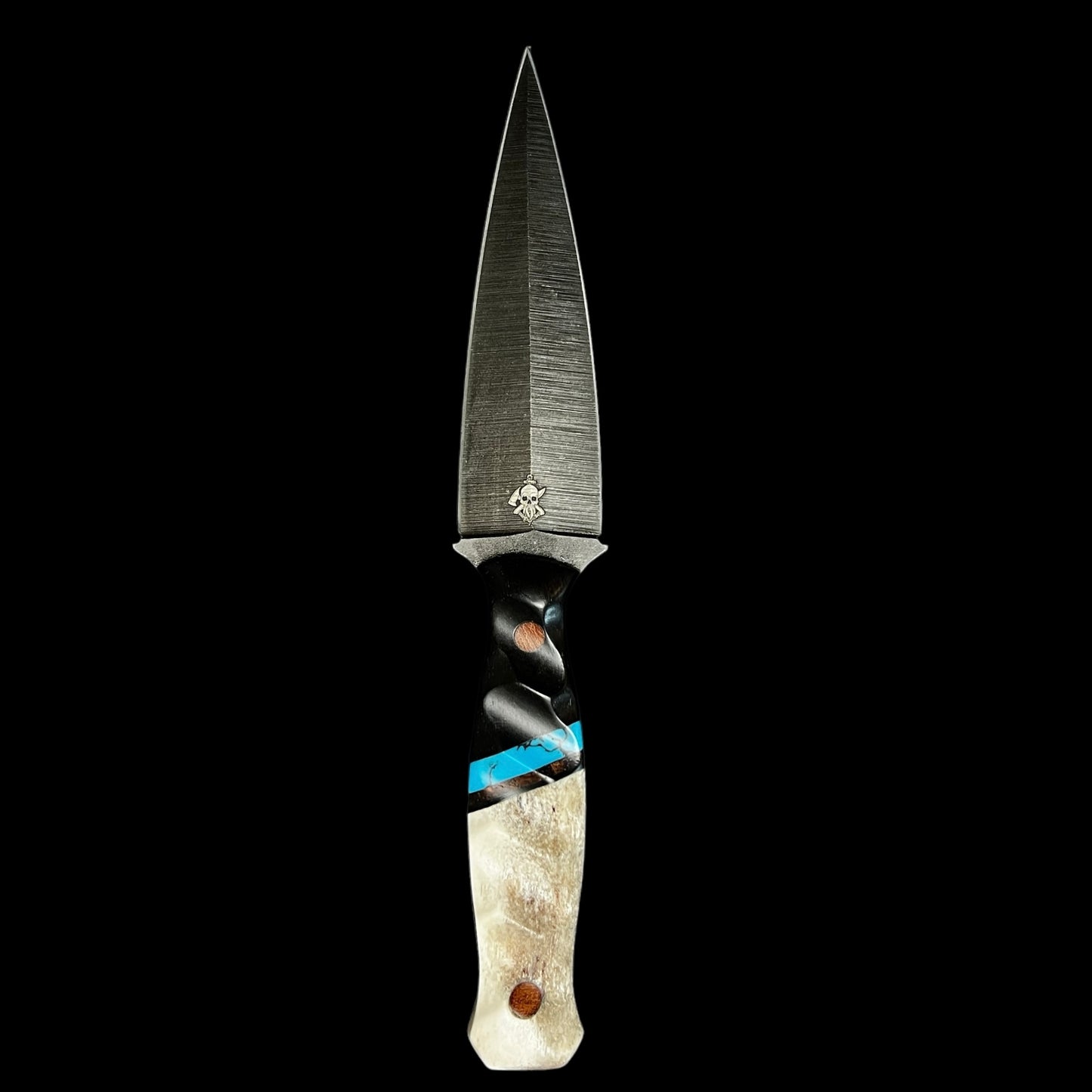 Sea Sykes- African Black Wood/Turquoise/ Hawaiian Curly Koa/ Elk Antler. Pins- Natural Micarta.