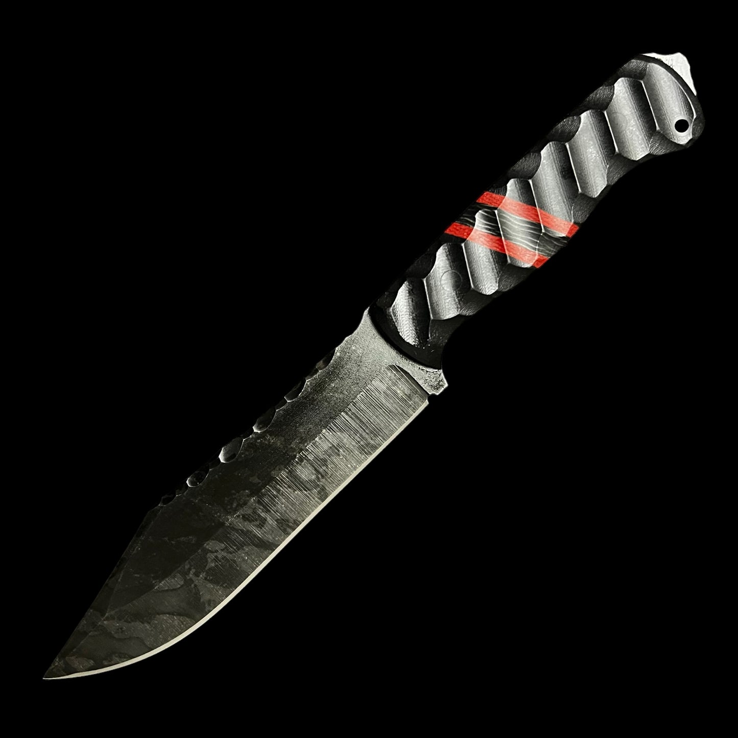 Bowie Knife- Black G10/ Red Carbon Fiber/ Black Carbon Fiber. Pins- Carbon.