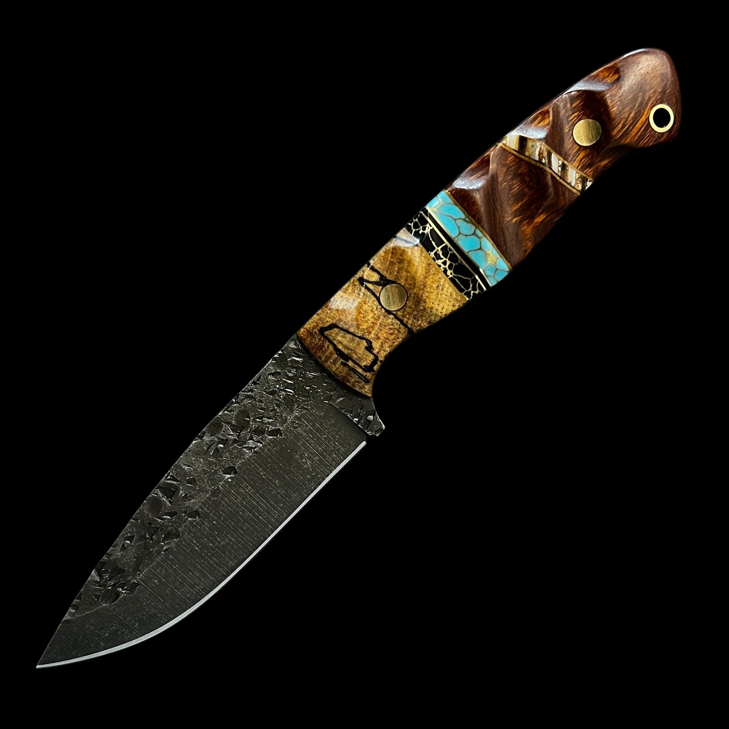 Fieldcraft- Spalted Mahogany/ Gold Webbed Onyx/ Brass/ Gold Webbed Turquoise/ Hawaiian Curly Koa/  Mammoth Molar.