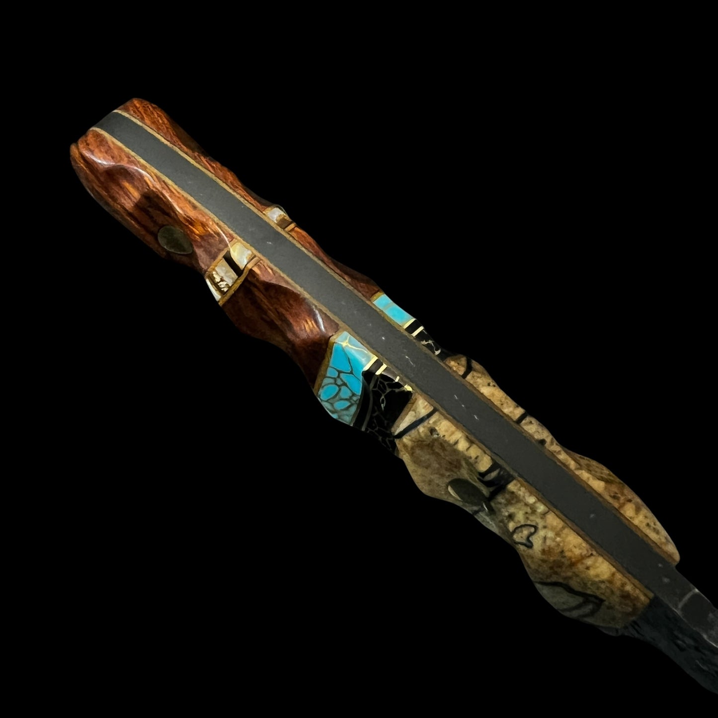 Fieldcraft- Spalted Mahogany/ Gold Webbed Onyx/ Brass/ Gold Webbed Turquoise/ Hawaiian Curly Koa/  Mammoth Molar.