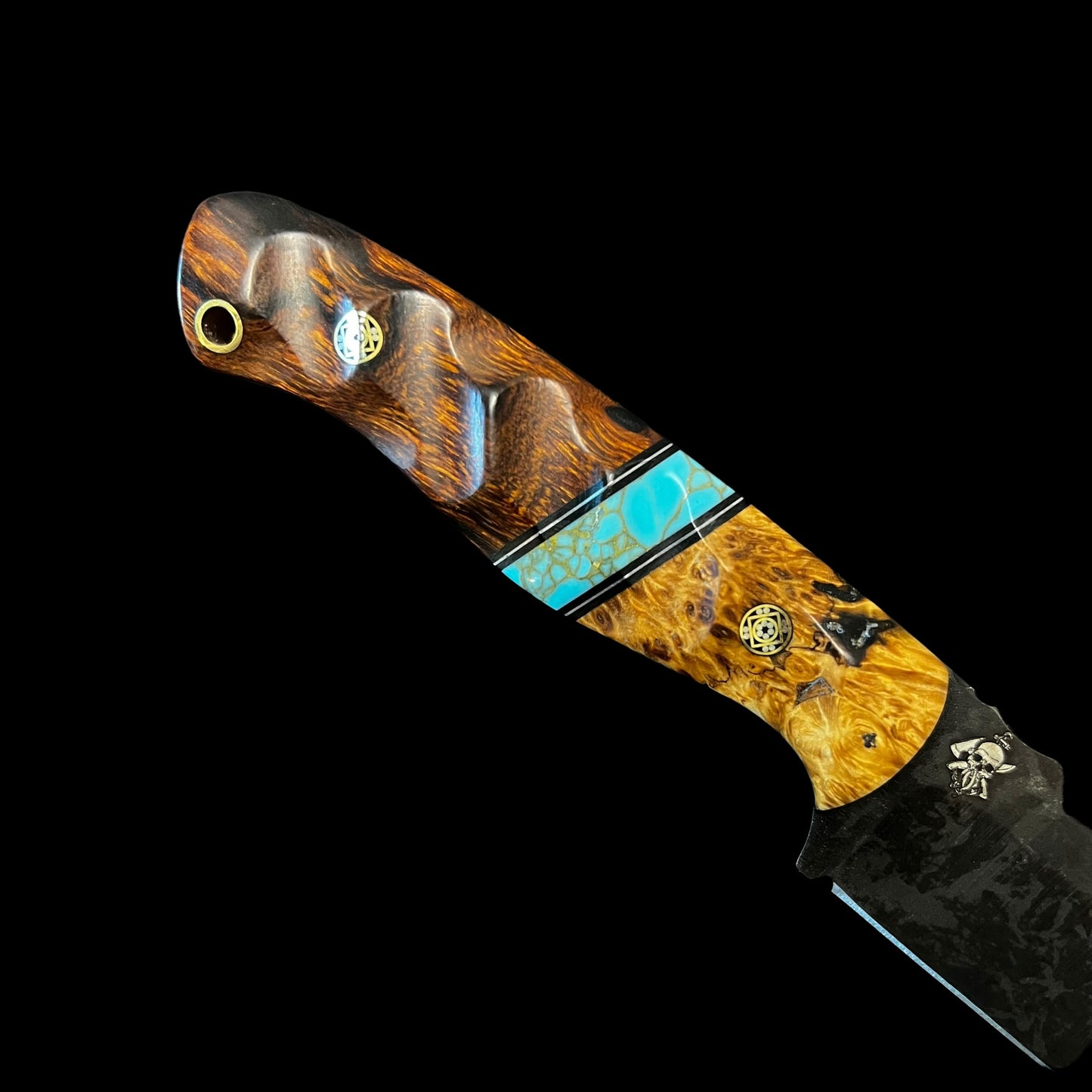 Fieldcraft- Maple Burl/ G10/ Stainless Steel/ Gold Webbed Turquoise/ Iron Wood. Pins- Mosaic.