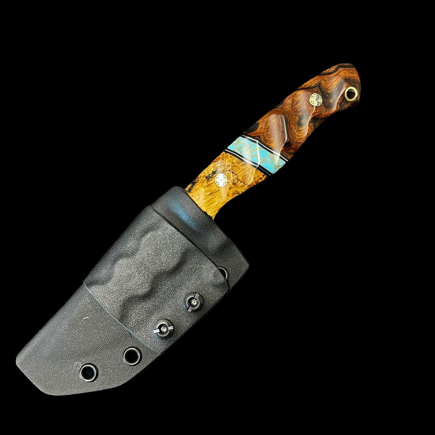 Fieldcraft- Maple Burl/ G10/ Stainless Steel/ Gold Webbed Turquoise/ Iron Wood. Pins- Mosaic.